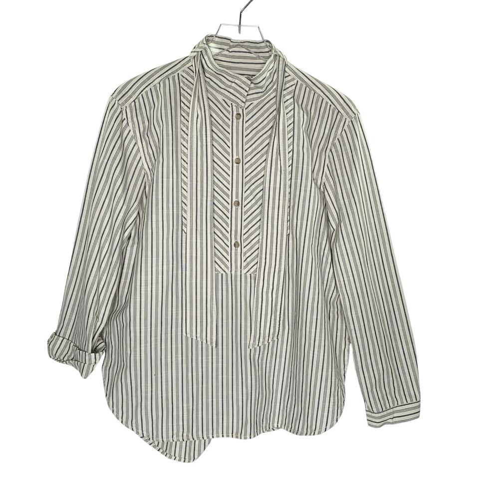 Banana Republic Una Tie Neck Blouse M Light Grounded Stripe Gray 100% Cotton